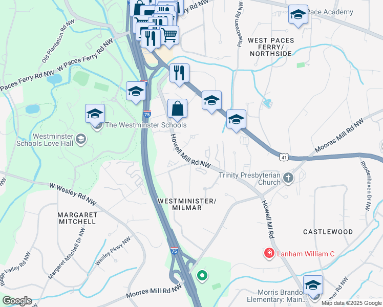 map of restaurants, bars, coffee shops, grocery stores, and more near 3101 Howell Mill Road Northwest in Atlanta