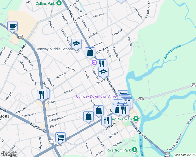 map of restaurants, bars, coffee shops, grocery stores, and more near Laurel Street in Conway