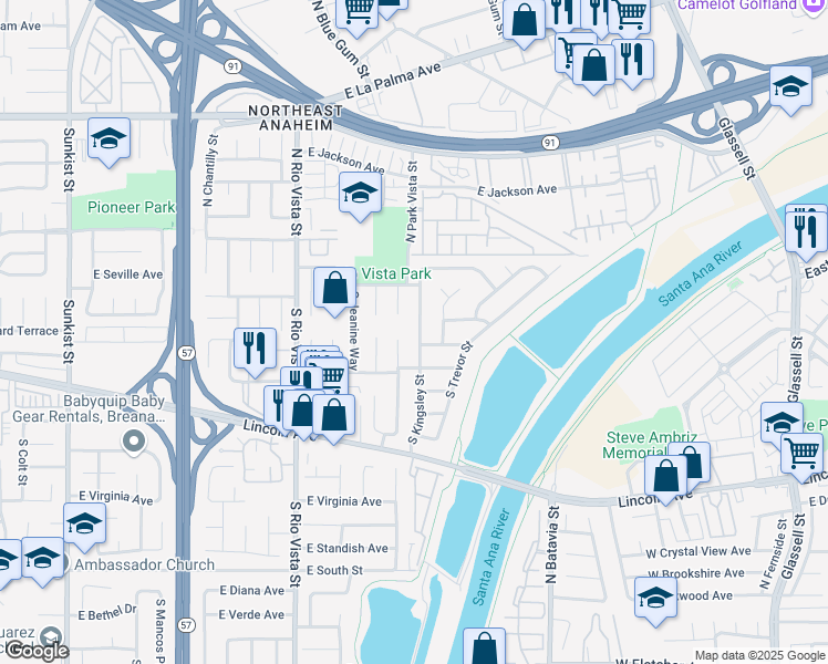 map of restaurants, bars, coffee shops, grocery stores, and more near 141 South Kingsley Street in Anaheim
