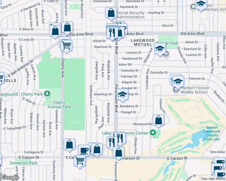 map of restaurants, bars, coffee shops, grocery stores, and more near 4513 Paramount Boulevard in Lakewood