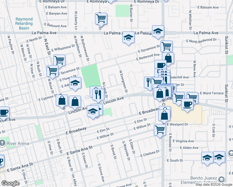 map of restaurants, bars, coffee shops, grocery stores, and more near 1679 East Lincoln Avenue in Anaheim