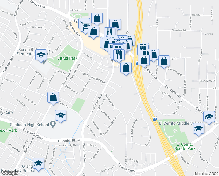 map of restaurants, bars, coffee shops, grocery stores, and more near 1520 Dianne Lane in Corona