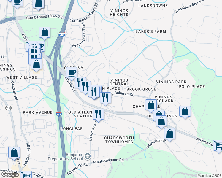 map of restaurants, bars, coffee shops, grocery stores, and more near 103 Cameron Circle in Smyrna