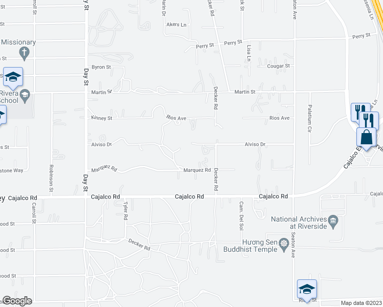 map of restaurants, bars, coffee shops, grocery stores, and more near 22521 Alviso Drive in Perris