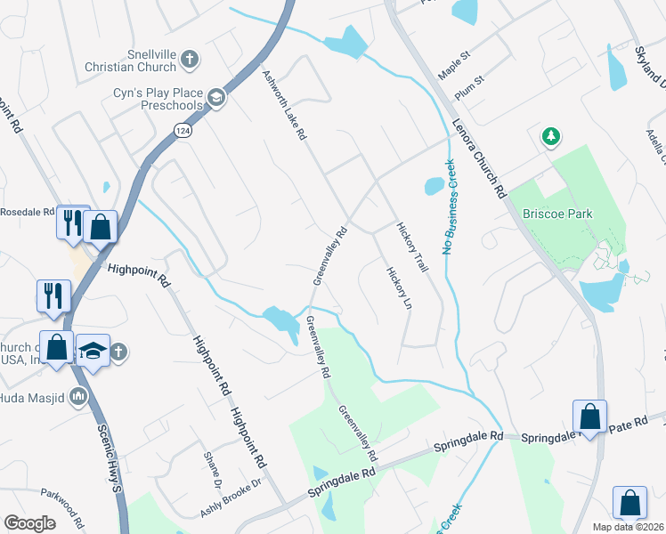 map of restaurants, bars, coffee shops, grocery stores, and more near 2824 Greenvalley Road in Snellville