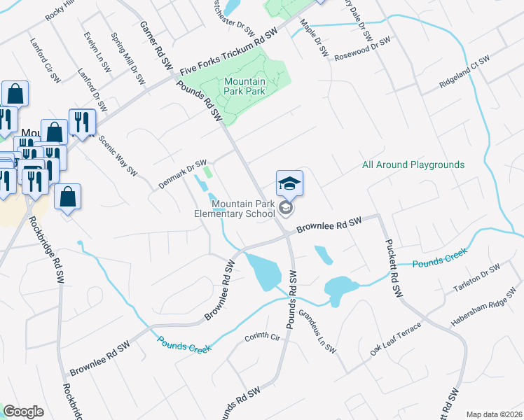 map of restaurants, bars, coffee shops, grocery stores, and more near 5117 Camilla Court Southwest in Lilburn