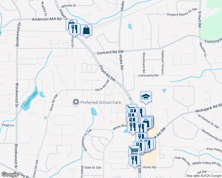 map of restaurants, bars, coffee shops, grocery stores, and more near 4639 Piston Junction Southwest in Mableton