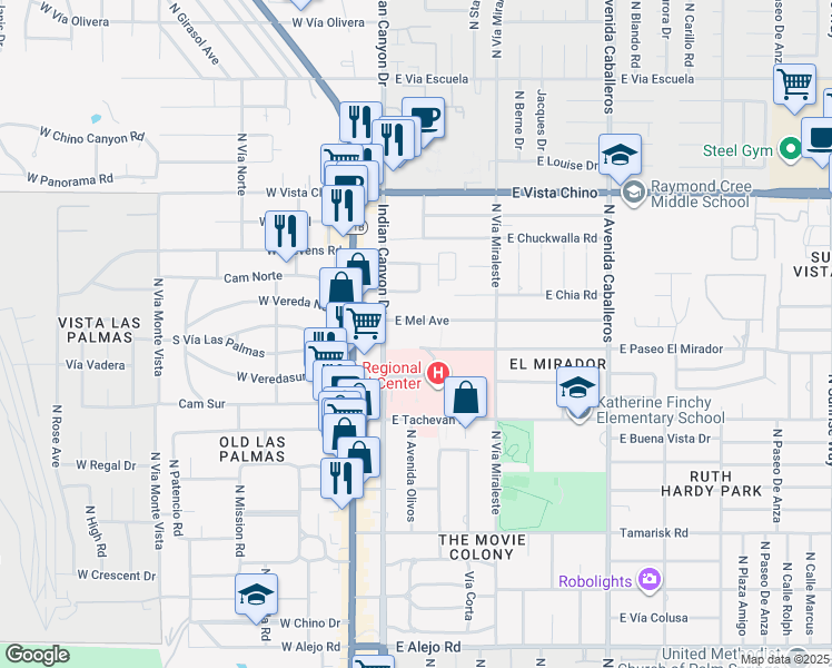 map of restaurants, bars, coffee shops, grocery stores, and more near 291 East Mel Avenue in Palm Springs