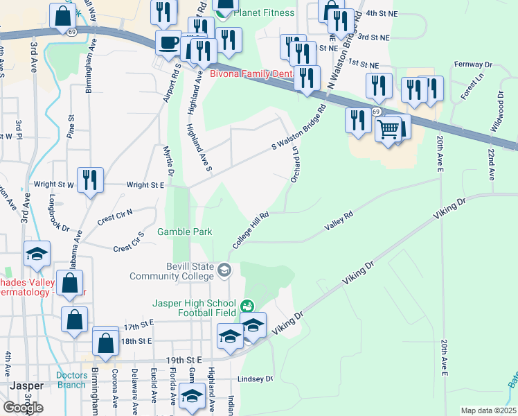 map of restaurants, bars, coffee shops, grocery stores, and more near 1106 College Hill Road in Jasper