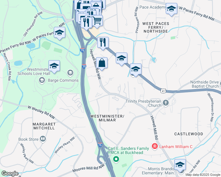 map of restaurants, bars, coffee shops, grocery stores, and more near 3101 Howell Mill Road Northwest in Atlanta