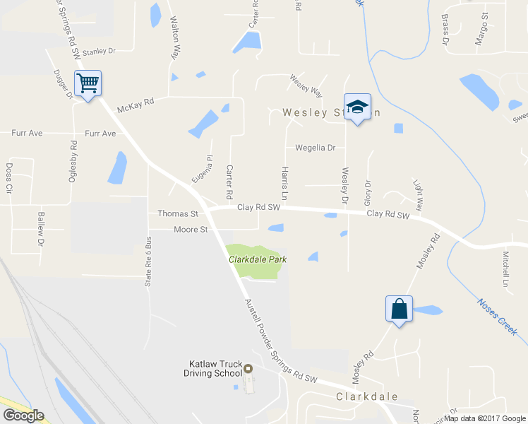 map of restaurants, bars, coffee shops, grocery stores, and more near 4671 Clay Road Southwest in Austell