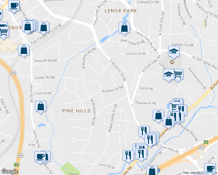 map of restaurants, bars, coffee shops, grocery stores, and more near 1270 Roxboro Drive Northeast in Atlanta