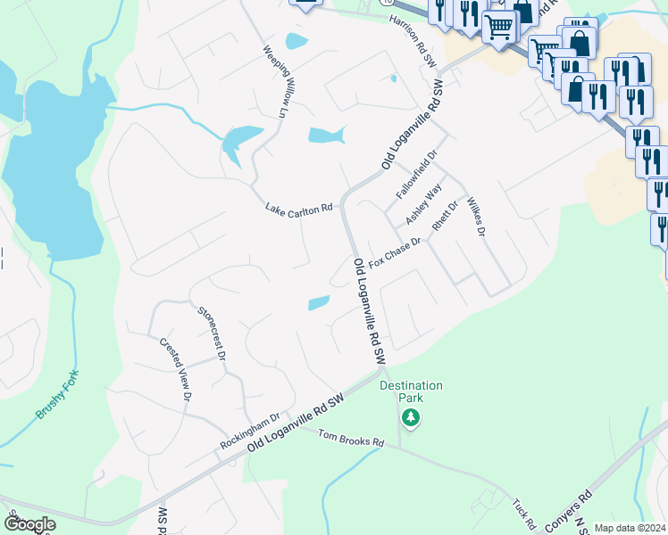 map of restaurants, bars, coffee shops, grocery stores, and more near 908 Lakeside Court in Loganville