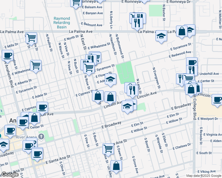 map of restaurants, bars, coffee shops, grocery stores, and more near 1244 East Cypress Street in Anaheim