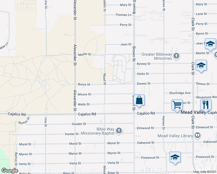 map of restaurants, bars, coffee shops, grocery stores, and more near 20785 Burns Street in Perris