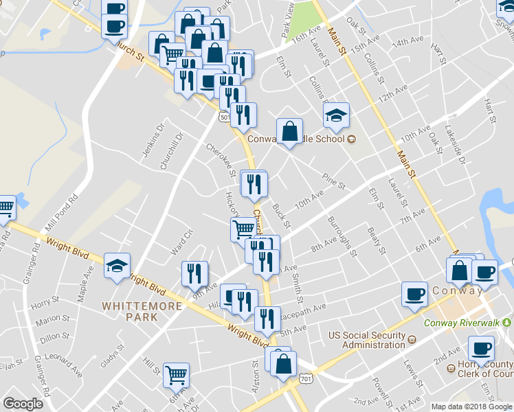 map of restaurants, bars, coffee shops, grocery stores, and more near 1101 Church Street in Conway