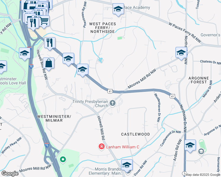 map of restaurants, bars, coffee shops, grocery stores, and more near 3128 East Wood Valley Road Northwest in Atlanta