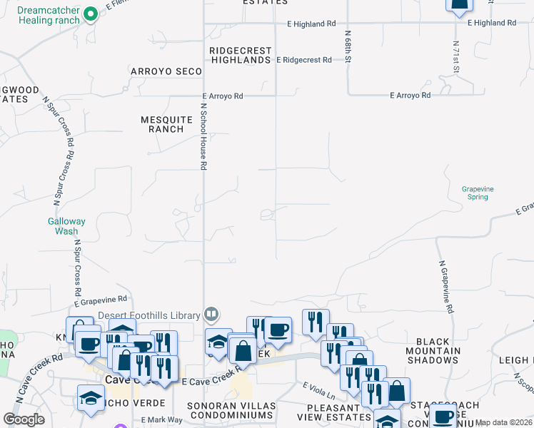 map of restaurants, bars, coffee shops, grocery stores, and more near 39284 North Ridgeway Drive in Cave Creek