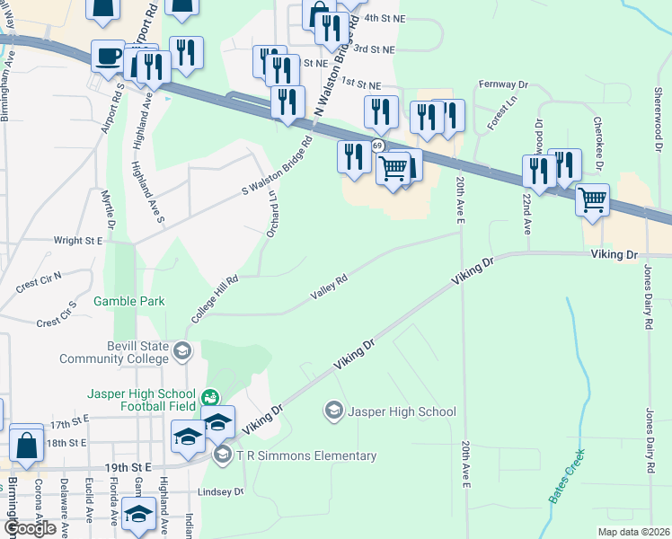 map of restaurants, bars, coffee shops, grocery stores, and more near 1500 Valley Road in Jasper