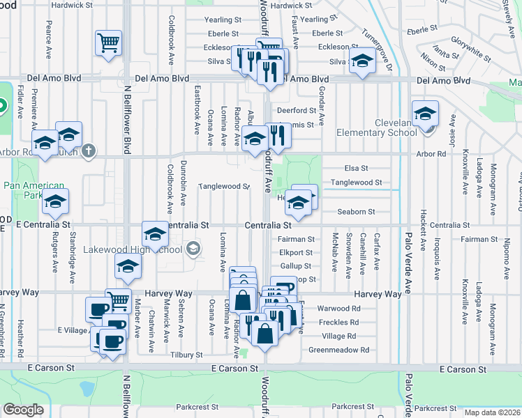 map of restaurants, bars, coffee shops, grocery stores, and more near 4527 Woodruff Avenue in Lakewood