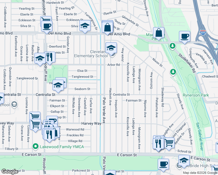 map of restaurants, bars, coffee shops, grocery stores, and more near 4513 Hackett Avenue in Lakewood