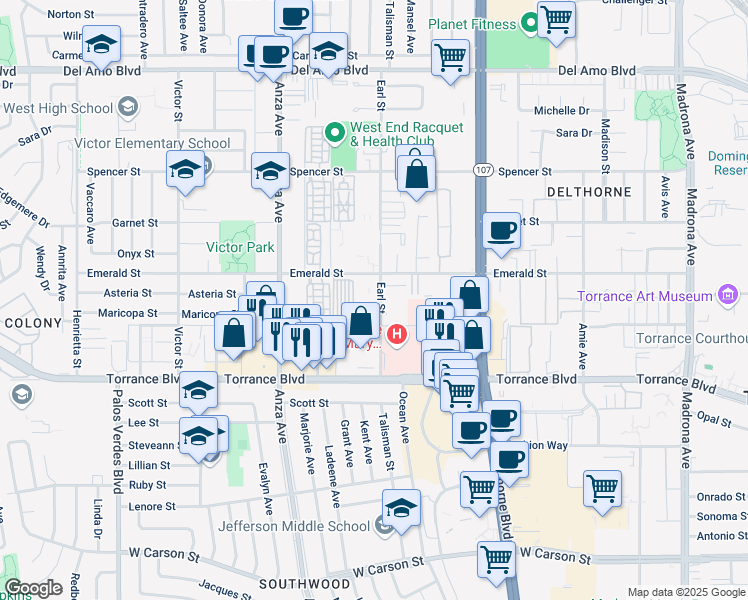 map of restaurants, bars, coffee shops, grocery stores, and more near 4300 Emerald Street in Torrance