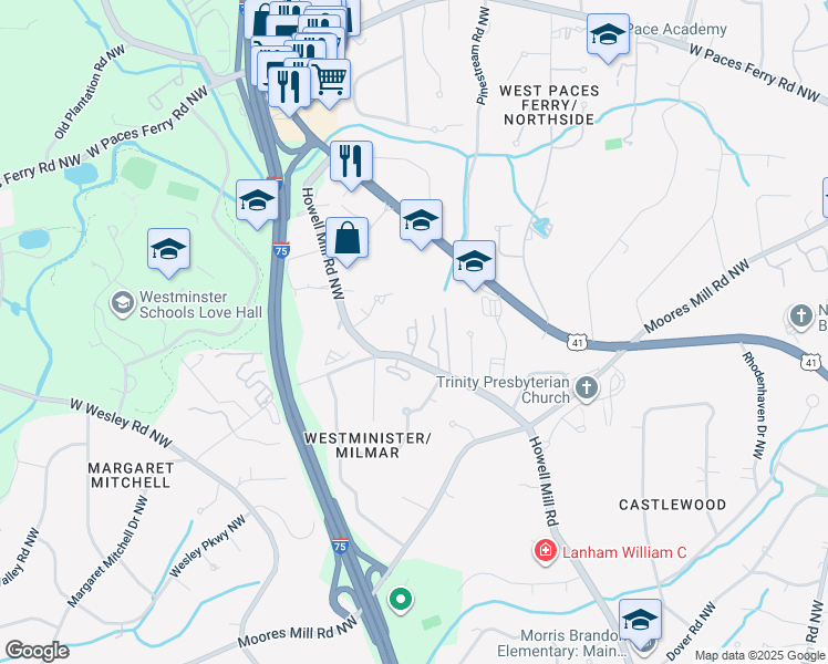 map of restaurants, bars, coffee shops, grocery stores, and more near 17 Howell Mill Plantation in Atlanta