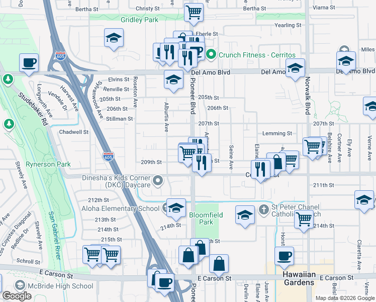 map of restaurants, bars, coffee shops, grocery stores, and more near 11737 209th Street in Lakewood