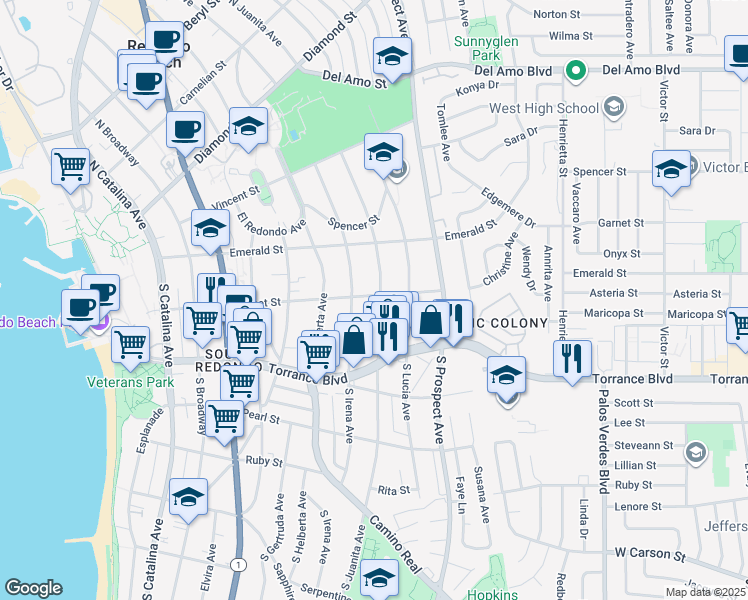 map of restaurants, bars, coffee shops, grocery stores, and more near 201 South Juanita Avenue in Redondo Beach