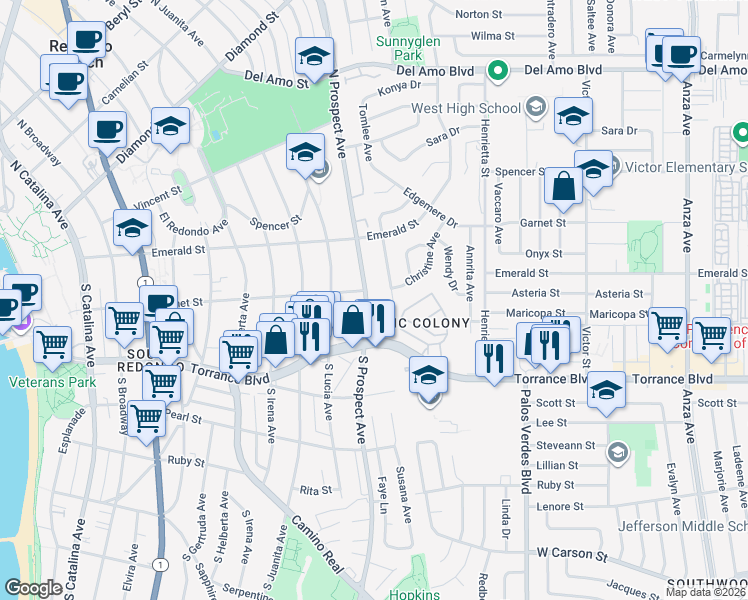 map of restaurants, bars, coffee shops, grocery stores, and more near 20927 Tomlee Avenue in Torrance