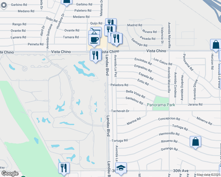 map of restaurants, bars, coffee shops, grocery stores, and more near 28585 Avenida La Paz in Cathedral City