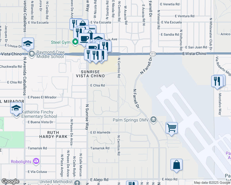 map of restaurants, bars, coffee shops, grocery stores, and more near 1259 Trofeo Circle in Palm Springs