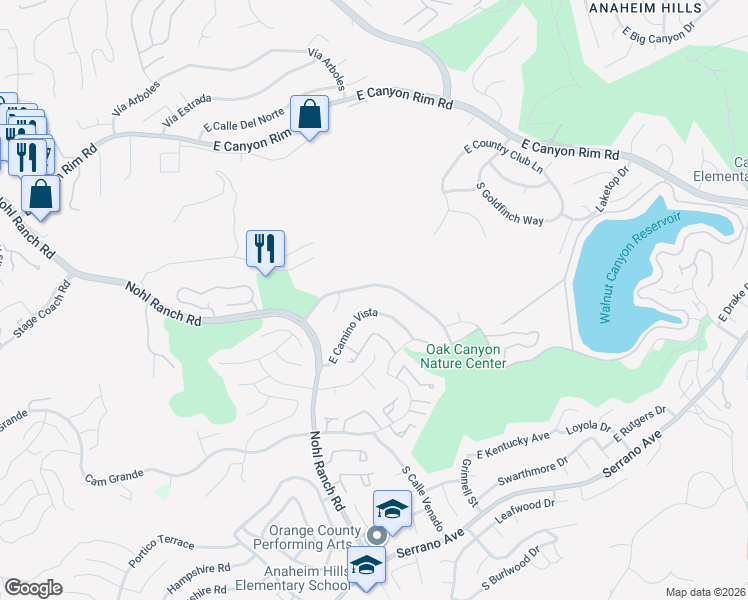 map of restaurants, bars, coffee shops, grocery stores, and more near 6555 East Camino Vista in Anaheim