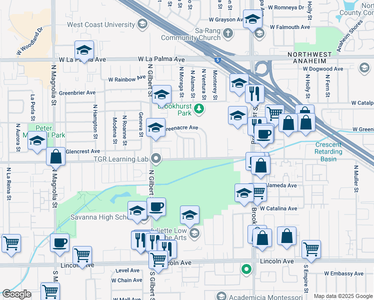 map of restaurants, bars, coffee shops, grocery stores, and more near 604 North Moraga Street in Anaheim