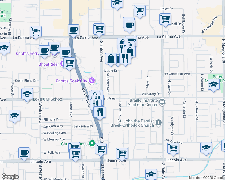 map of restaurants, bars, coffee shops, grocery stores, and more near 8458 Mango Way in Buena Park