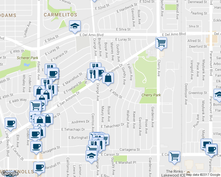 map of restaurants, bars, coffee shops, grocery stores, and more near 4495 East Goldfield Avenue in Long Beach