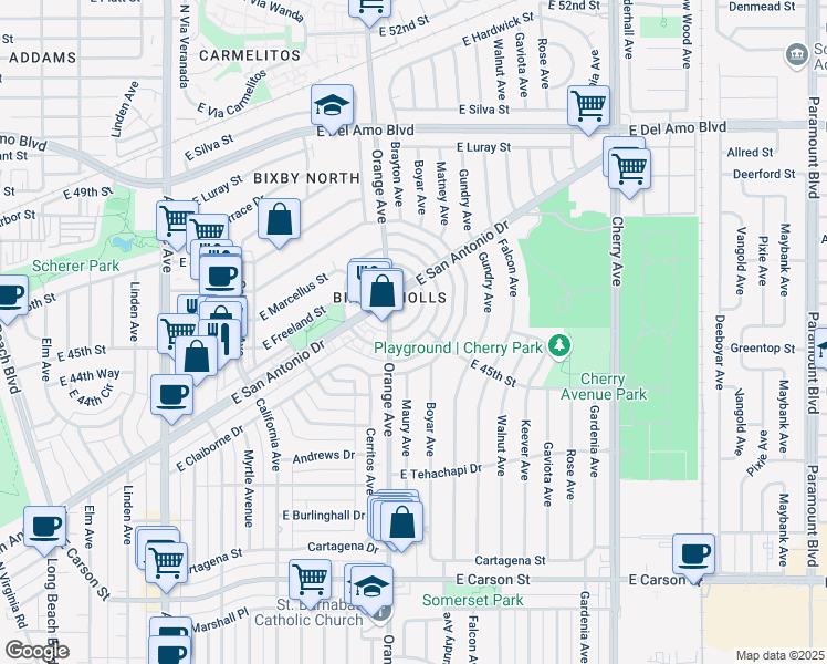 map of restaurants, bars, coffee shops, grocery stores, and more near 4480 Orange Avenue in Long Beach