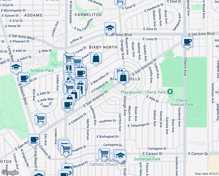 map of restaurants, bars, coffee shops, grocery stores, and more near 1082 East San Antonio Drive in Long Beach