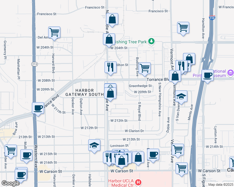 map of restaurants, bars, coffee shops, grocery stores, and more near 20910 Normandie Avenue in Torrance