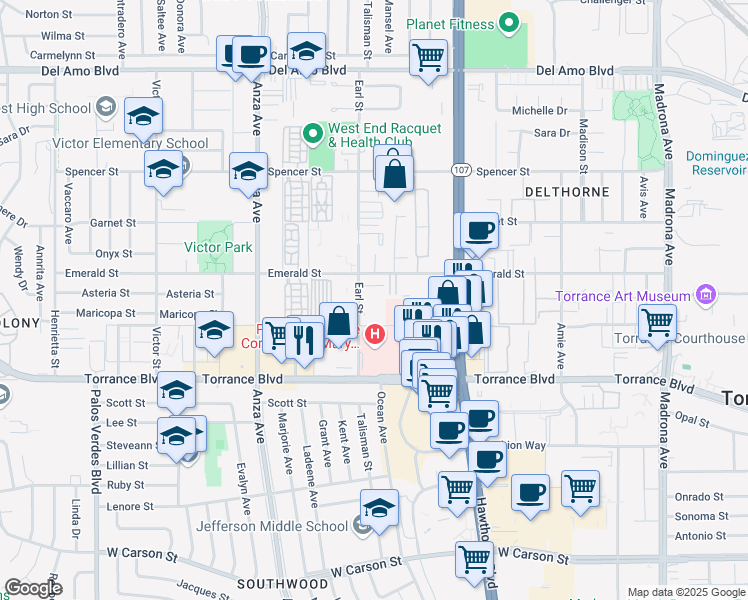 map of restaurants, bars, coffee shops, grocery stores, and more near 20920 Earl Street in Torrance