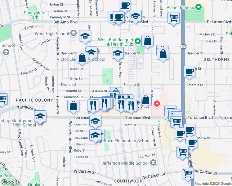 map of restaurants, bars, coffee shops, grocery stores, and more near 20920 Reynolds Drive in Torrance