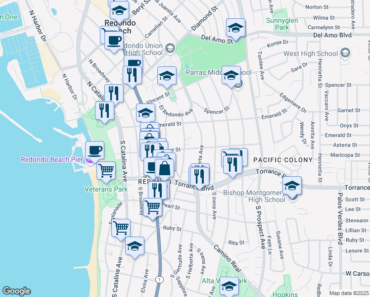 map of restaurants, bars, coffee shops, grocery stores, and more near 205 South Guadalupe Avenue in Redondo Beach