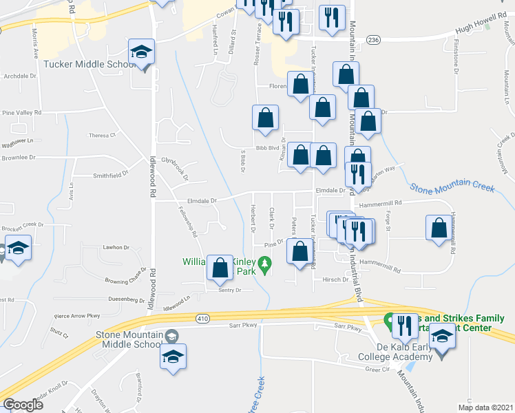 map of restaurants, bars, coffee shops, grocery stores, and more near 1945 Herbert Drive in Tucker