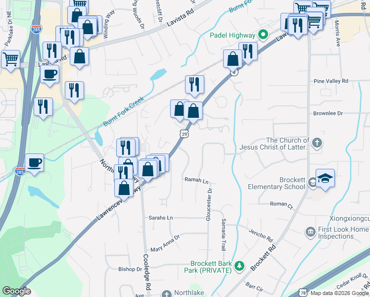 map of restaurants, bars, coffee shops, grocery stores, and more near 3469 Lawrenceville Highway in Tucker