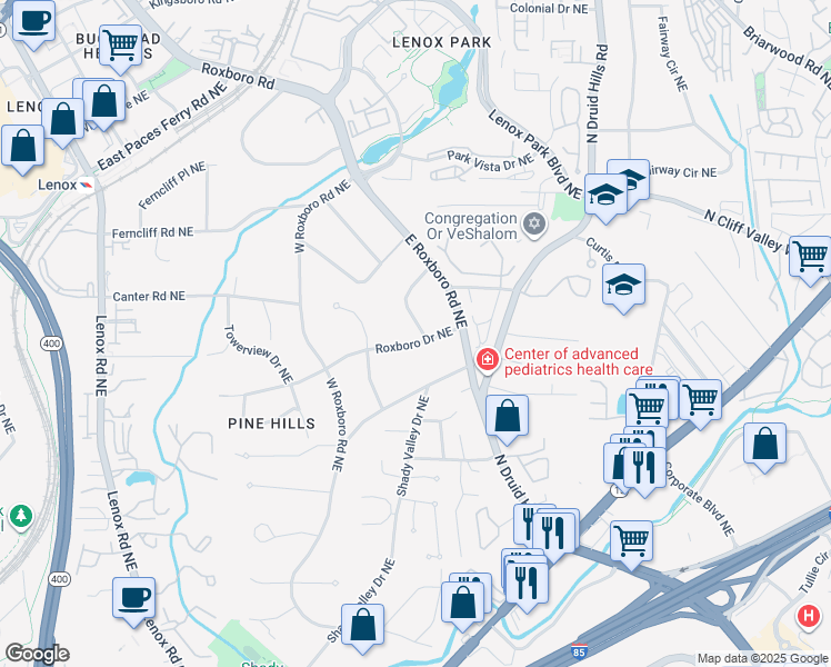 map of restaurants, bars, coffee shops, grocery stores, and more near 1270 Roxboro Drive Northeast in Atlanta