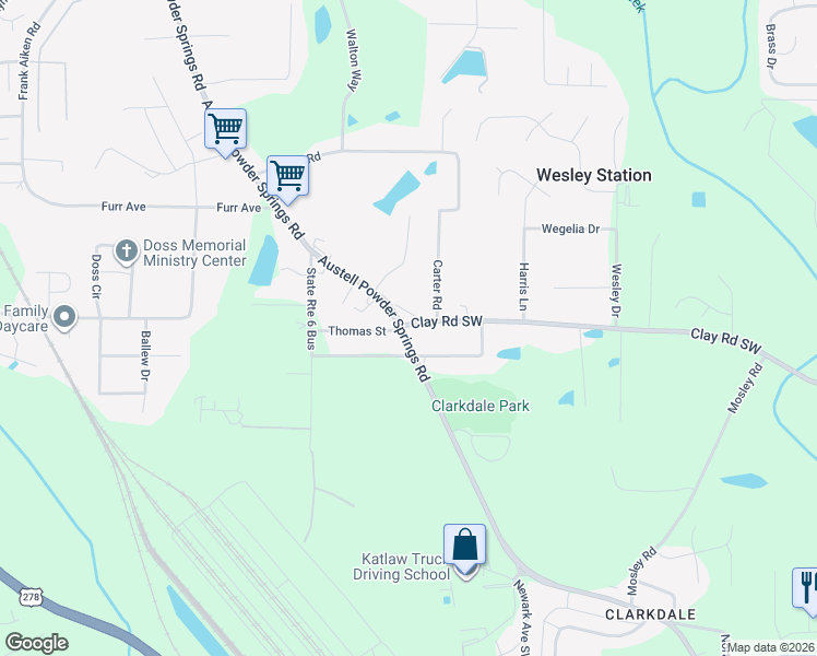 map of restaurants, bars, coffee shops, grocery stores, and more near 4671 Clay Road Southwest in Austell