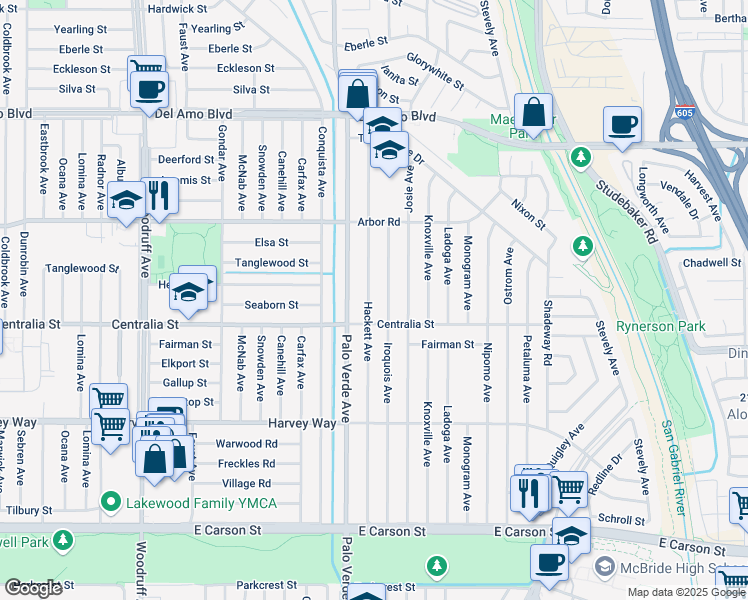 map of restaurants, bars, coffee shops, grocery stores, and more near 4528 Hackett Avenue in Lakewood