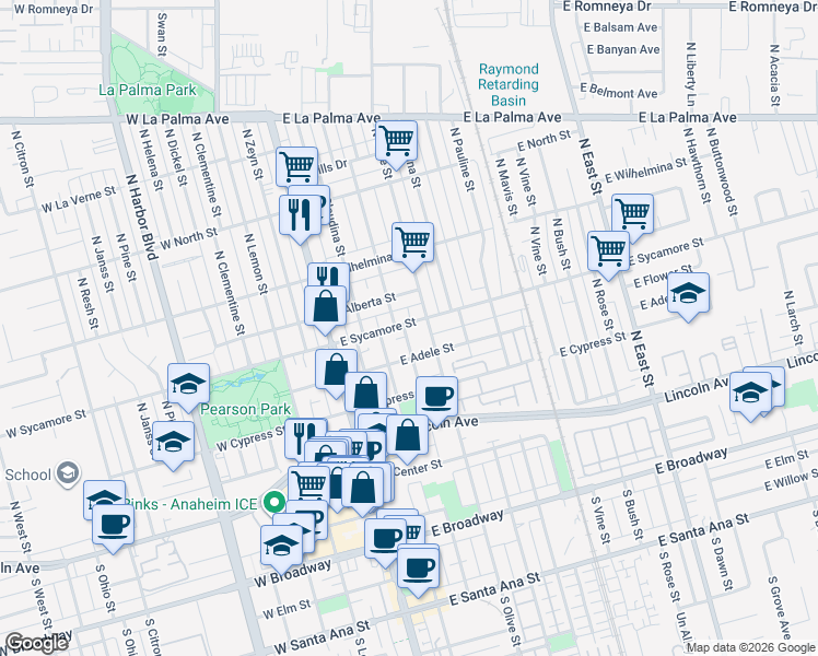 map of restaurants, bars, coffee shops, grocery stores, and more near 300 East Sycamore Street in Anaheim