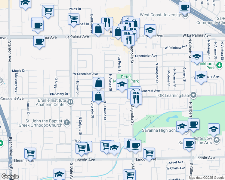 map of restaurants, bars, coffee shops, grocery stores, and more near 700 North Aurora Street in Anaheim
