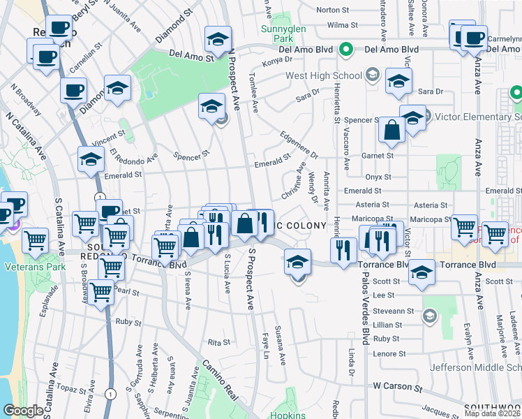 map of restaurants, bars, coffee shops, grocery stores, and more near 206 South Prospect Avenue in Redondo Beach